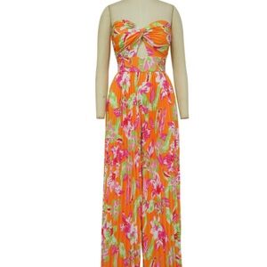 Floral Strapless Jumpsuit - Orange and Pink